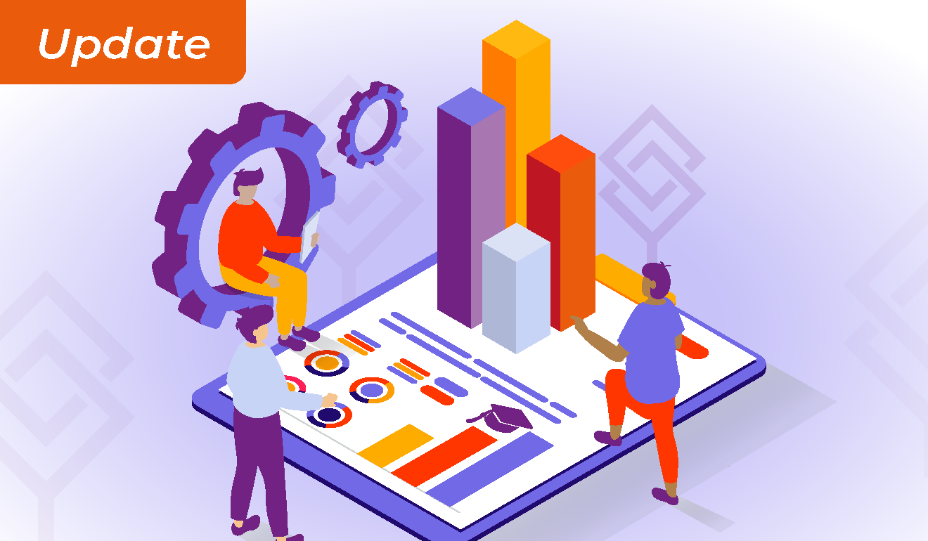 Illustration of people talking around a paper with graphs and charts