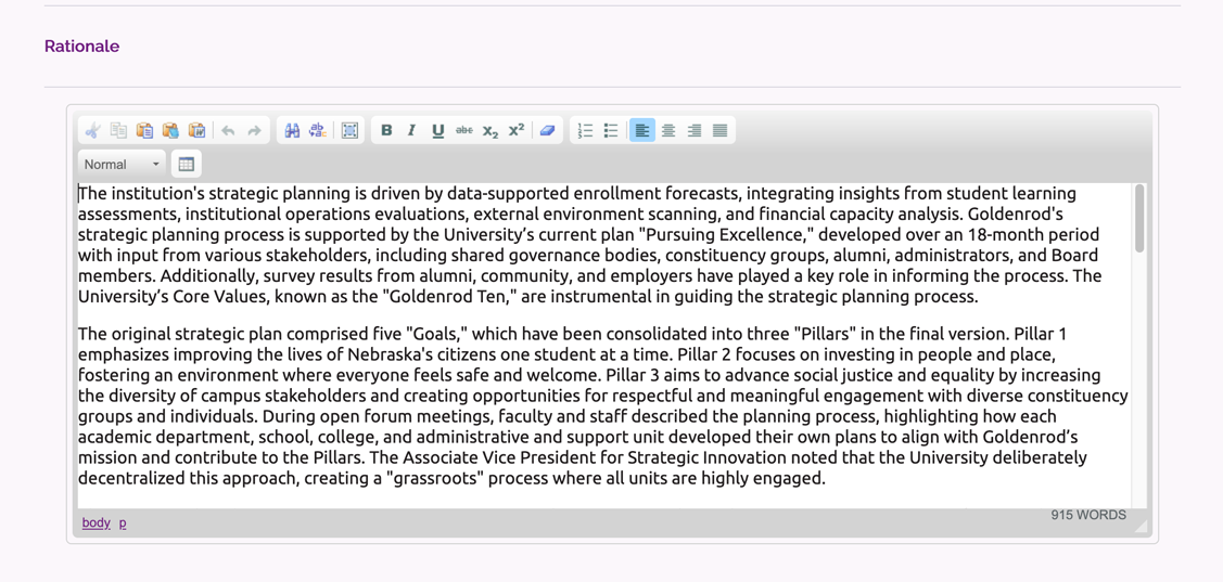 Rationale text field