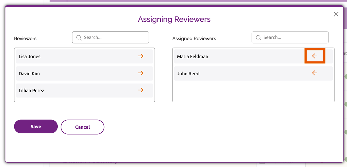 Arrow link to remove assigned reviewer