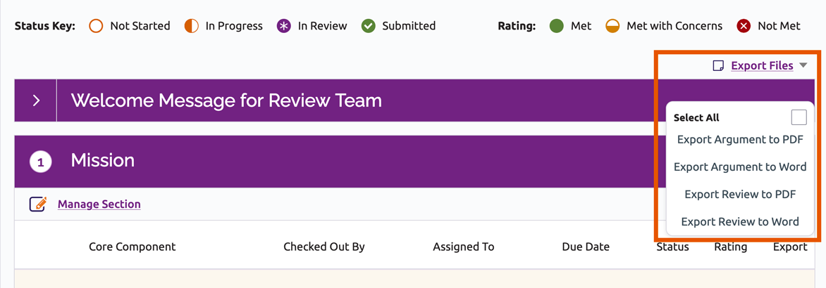 Export Files link and drop-down menu: select all, export Argument to PDF, export Argument to Word, Export Review to PDF, Export Review to Word.