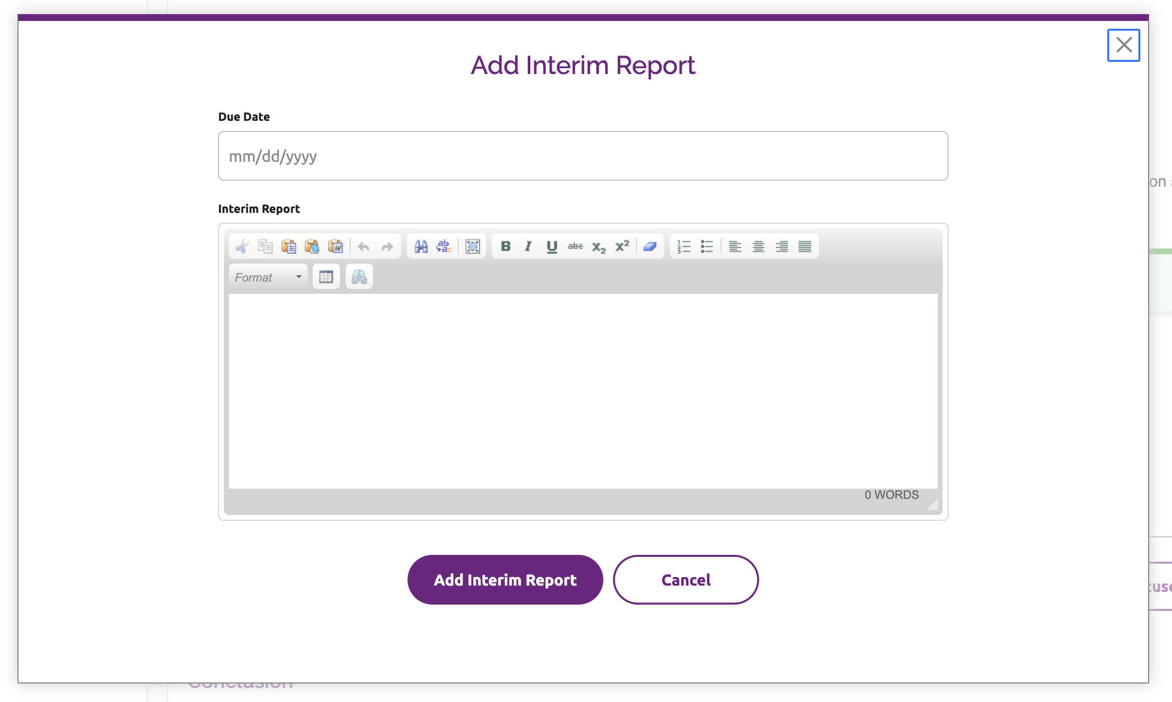 Add Interim Report window, with fields for entering the due date and description of the recommended report.