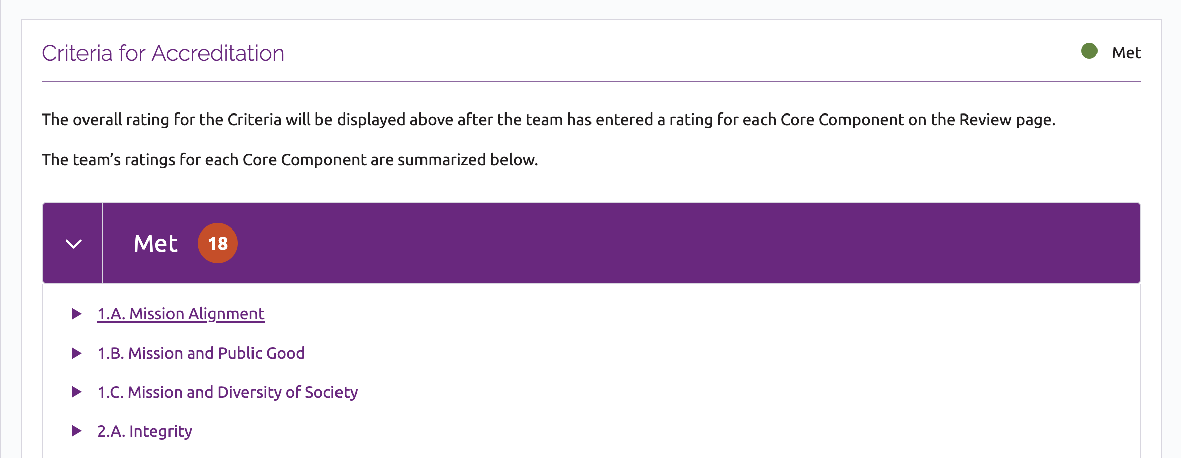 Criteria for Accreditation ratings section displaying Core Components 1A, 1B, 1C and 1A as met.
