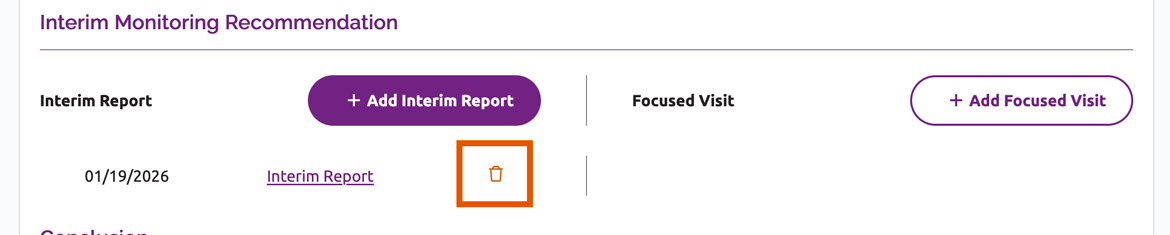 Trash can icon to the right of an interim report entry.