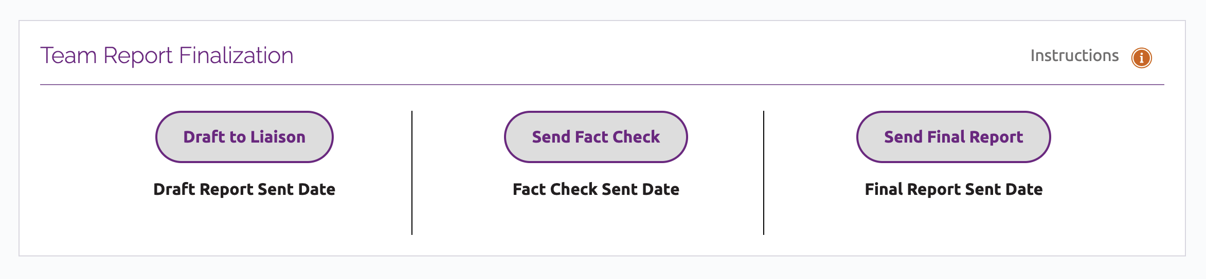 Team Report Finalization section, with three buttons: Draft to Liaison, Send Fact Check, Send Final Report.