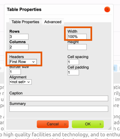 Table Properties window, with "100%" in the width field and "First Row" selected in the Headers field