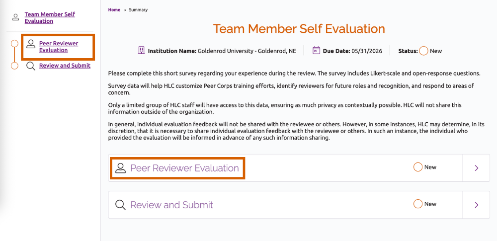 Links to the Peer Reviewer Evaluation section on the form page