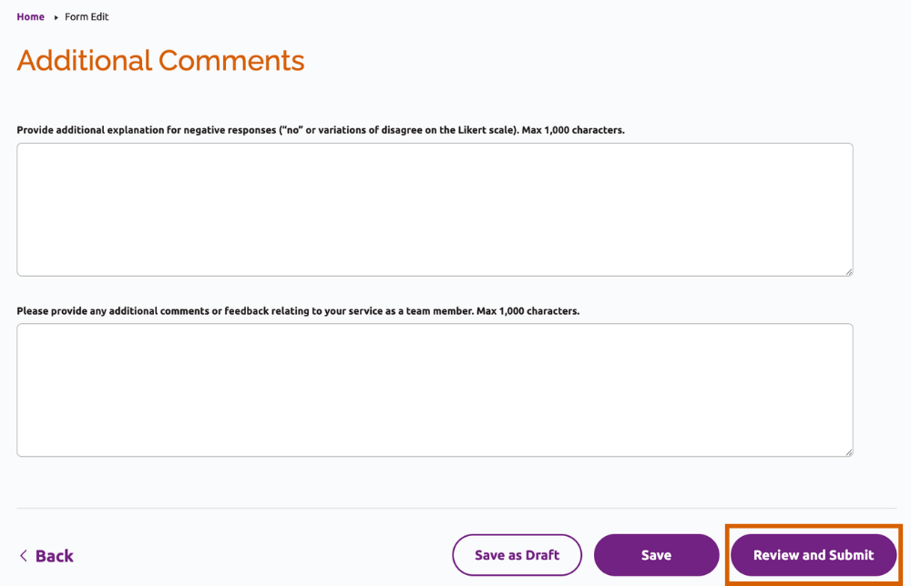 The Review and Submit button at the bottom of the Additional Comments section