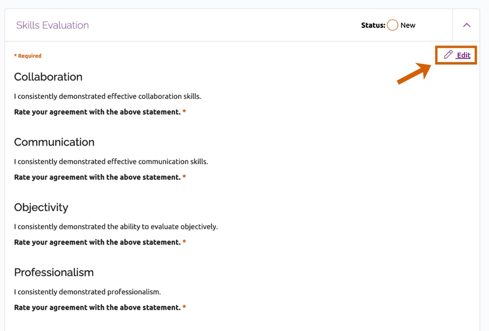 The Edit link on the Skills Evaluation section