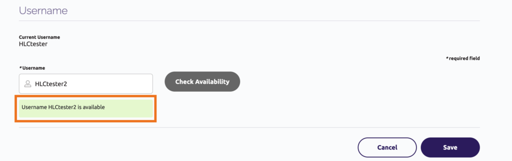 Message indicating username "HLCtester2" is available