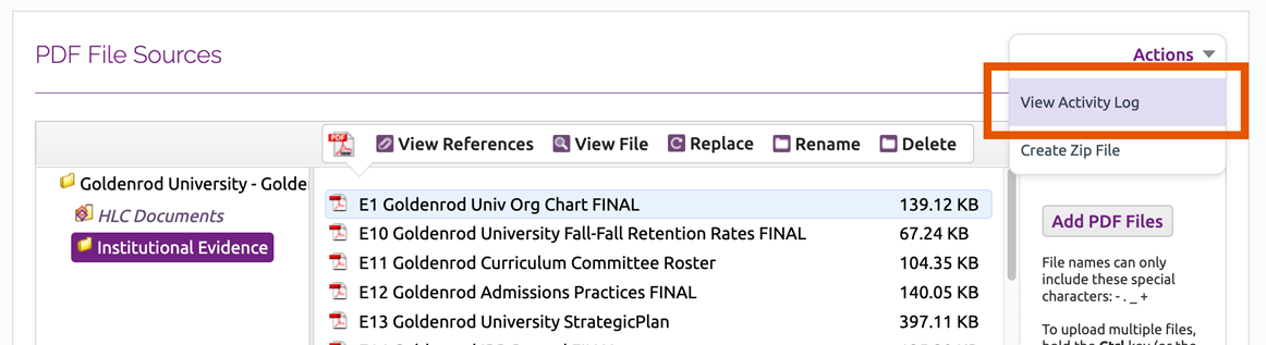 View Activity Log link in Actions dropdown menu