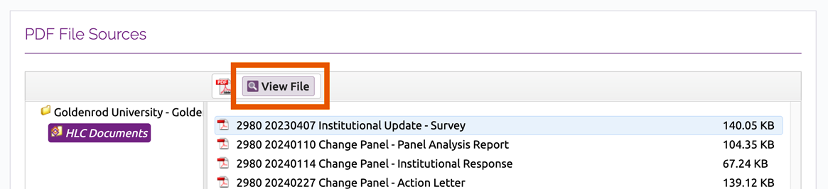 View File button in toolbar above selected file in the HLC Documents folder