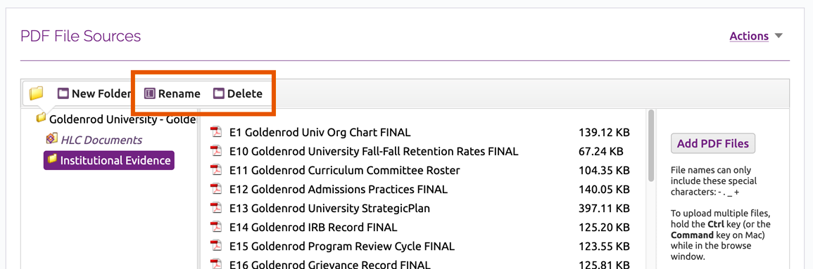 Rename and Delete buttons in folder toolbar
