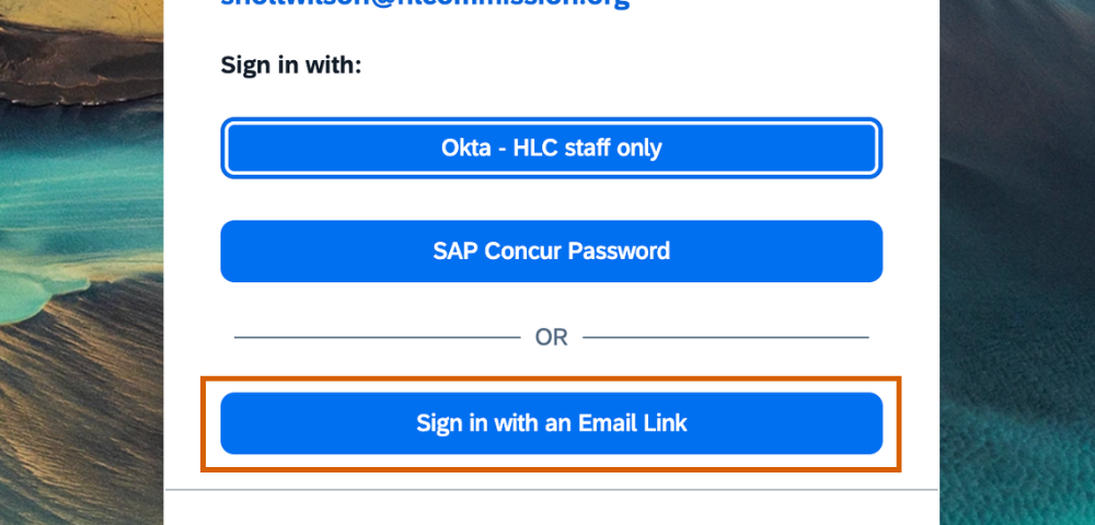 The Concur login screen with Sign in with an Email Link selected