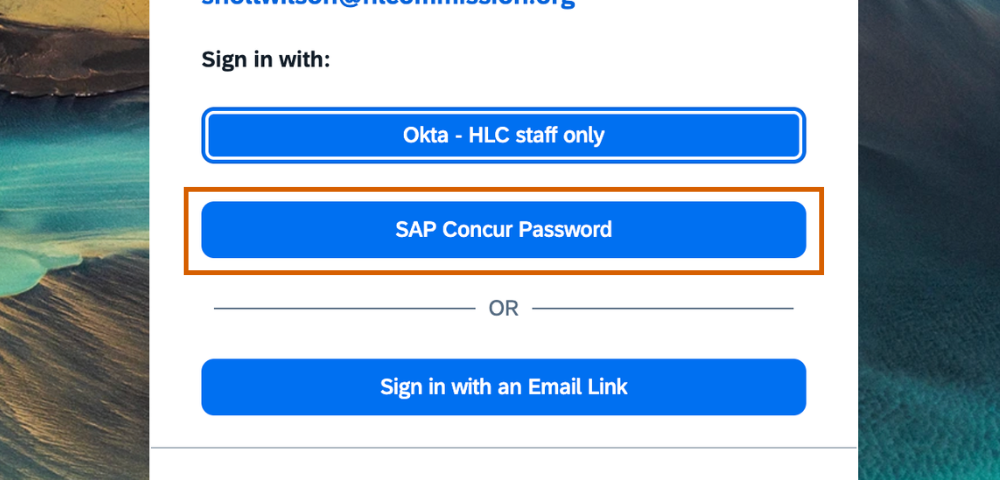 The Concur login screen with Sign in with an Email Link selected