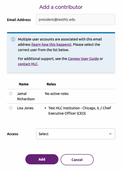 Add a contributor window showing two users associated with the president@testhlc.edu email address: Jamal Richardson, who has no active roles, and Lisa Jones, the CEO of Test HLC Institution in Chicago